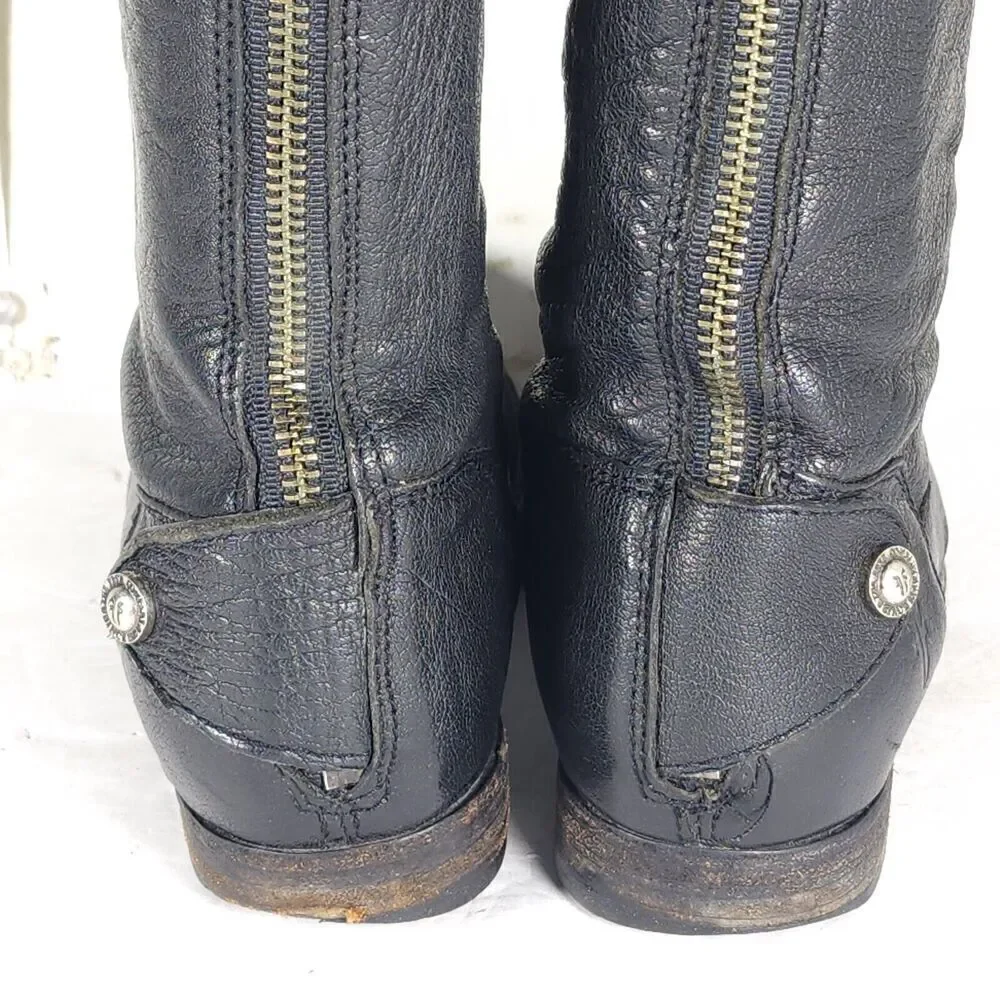 FRYE Women's Melissa Back Zip US 7,5B Black Leather Button Tall Riding Boots